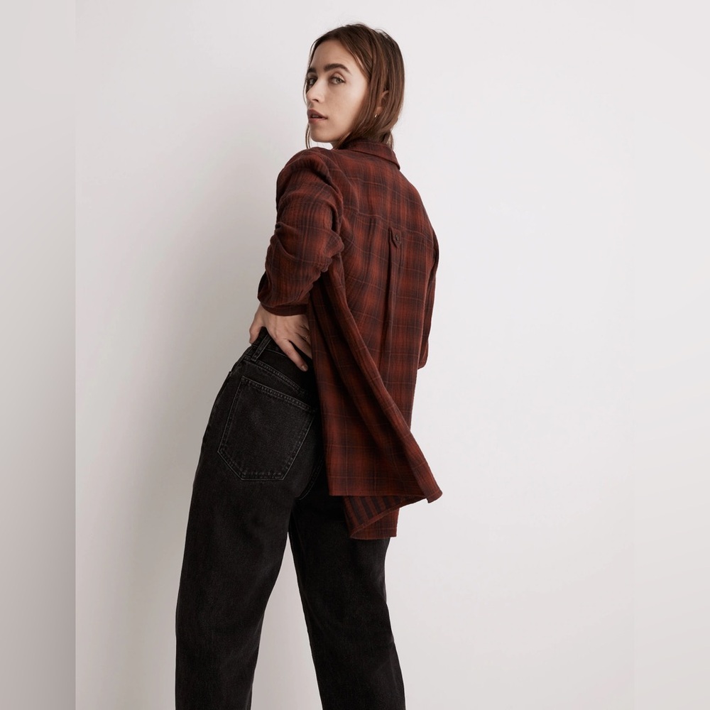 Madewell Oversized Flannel Button Down Shirt in Burnished Mahogany - Picture 2 of 7
